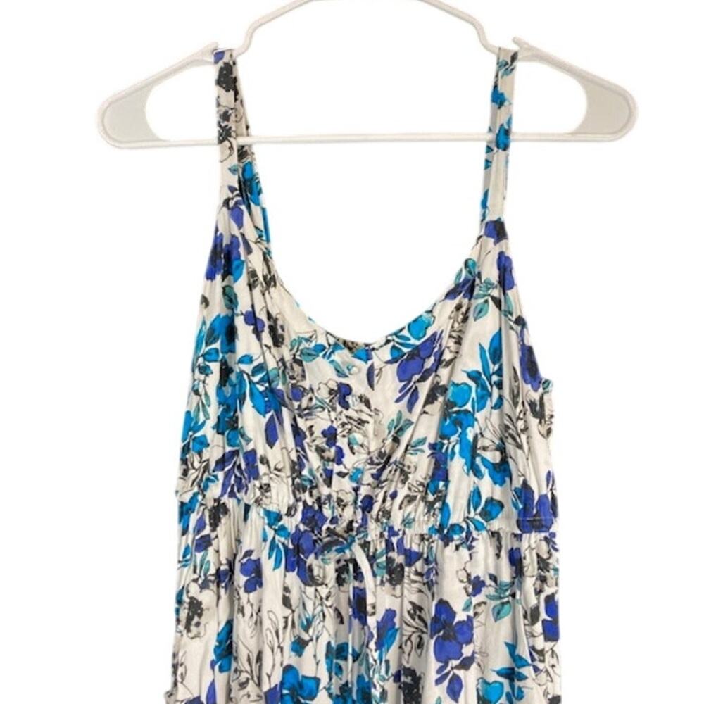 Torrid women's dress in black, blue & white botanical print.
